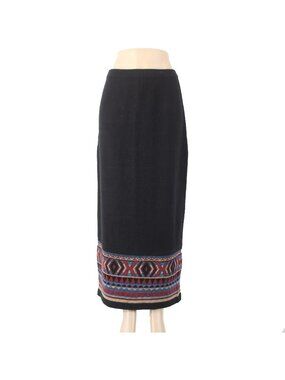 Double D Ranch Skirt Sz M Black Multi Colored Elastic Waist 100% Linen Skirt